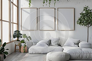 Three vertical wooden frame mock up poster on white wall. A living room with a white couch and a potted plant.