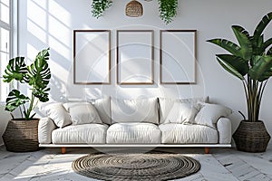 Three vertical wooden frame mock up poster on white wall in living room with a white couch and potted plant.