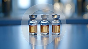 Three vials of amber liquid on a table