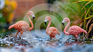 Three Pink Flamingo Figurines in Water Garden Decor
