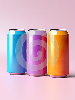 Three vibrant soda cans are showcased in a studio environment with matching color paint accents.