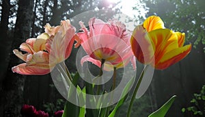 Three vibrant tulips, showcasing yellow and orange colors, bask in soft sunlight with a misty forest background