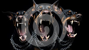 Three vicious doberman snarl, whilst held by chains