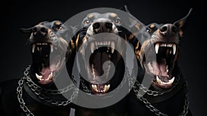 Three vicious doberman snarl, whilst held by chains