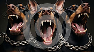 Three vicious doberman snarl, whilst held by chains
