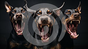 Three vicious doberman snarl, whilst held by chains