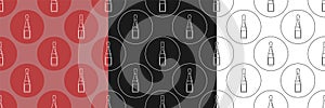 Three view seamless pattern of bottle of red wine in flat style in form of thin lines. In the form of background is circle of