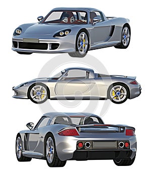 Three views of silver sports car on white background