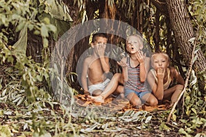 Three village children are playing in a hut which they themselves have built from leaves and twigs. Wooden house in the forest