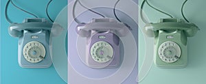 Three vintage dial telephones with colored background.