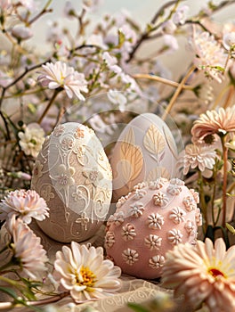 Three vintage Easter eggs with embroidery and applique surrounded by flowers