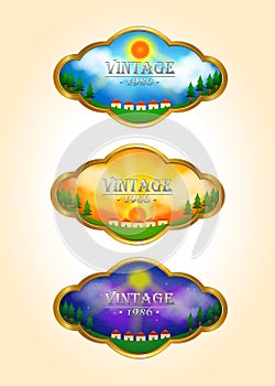 Three vintage time-lapse landscape tag icons photo