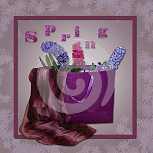 Three violet hyacinths in a purple gift package with a lilac scarf