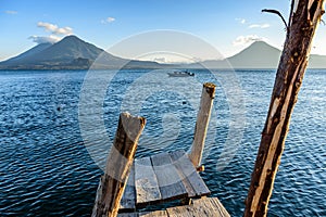 Three volcanoes & boat, Lake Atitlan, Guatemala