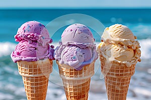 Three wafer powders with colorful ice cream on background of blue sea.