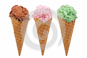 Three waffle cones of ice cream isolated on white