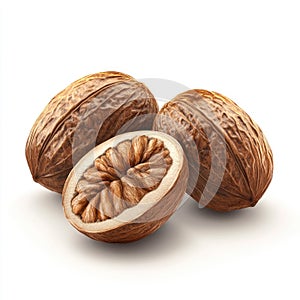 Delicious Walnuts: Close-up of Cracked and Whole Walnuts on White Background