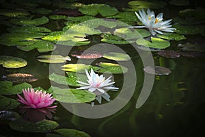 Three water lilies in a pond with green leaves. One white nymphaea with drops of water on the petals is reflected in the water. T