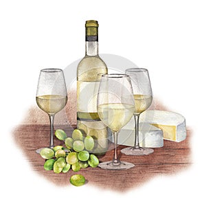 Three watercolor glasses of white wine, bottle, white grapes and cheese.