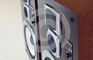 Three Way Big Audio Stereo Loud Speaker Closeup, loudspeaker pair