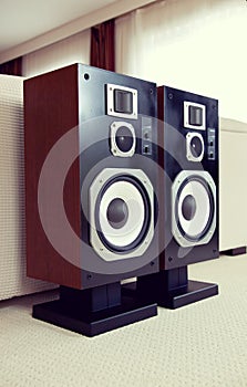 Three Way Big Audio Stereo Loud Speaker Closeup, loudspeaker pair