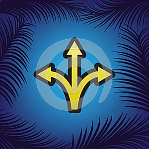Three-way direction arrow sign. Vector. Golden icon with black c