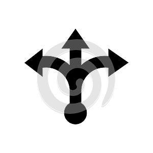 Three way direction arrow vector icon. Road direction  illustration symbol.