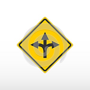 Three way fork road sign. Vector icon.