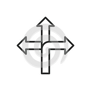 Three ways, icon in line design. Three, ways, direction, choice, path, junction, split on white background vector. Three