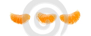 Three wedges segments of mandarin orange on white