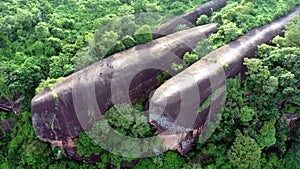 Three whale stones. Bird eye view shot of three whales rock in Phu Sing Country park in Bueng Kan. Aerial shot of three rock whale