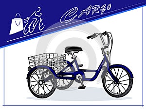 Three-wheeled cargo bike. Cart for transportation of goods. Card. Vector.