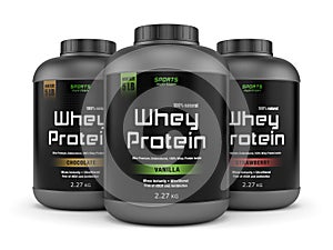 Three whey protein jars isolated on white