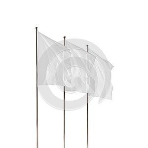 Three white blank corporate flags waving in the wind isolated