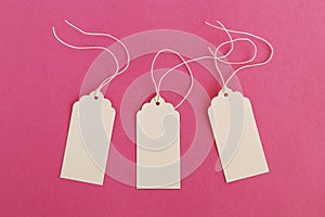 Three white blank paper price tags or labels set on the pink background.