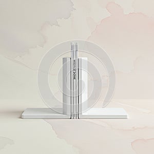 Three white books with visible spines are supported by minimalist white bookends in an photo