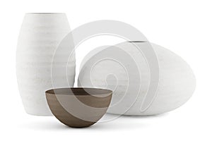 Three white and brown ceramic vases isolated on white