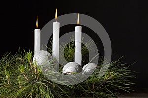 Three White Candles with Pine