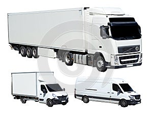 Three white cargo trucks on white background