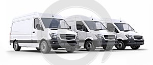 Three white cargo vans in a row on white background