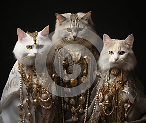 Three white cats in a gold costume on a black background,  Studio shot