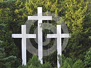 Three White Crosses at Cemetery of Palmiry Memorial Site, September 2018, Palmiry, Poland