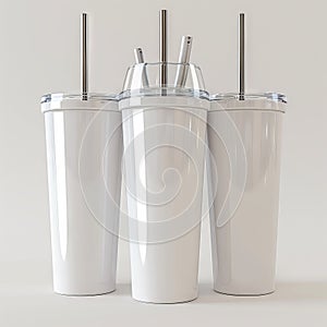 Three white cups with straws and lids