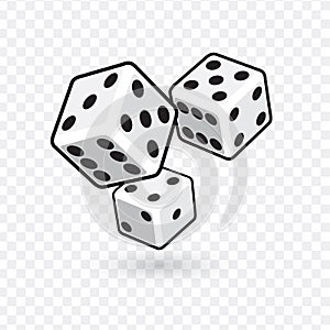 Three white dices isolated on transparent background. vector illustration