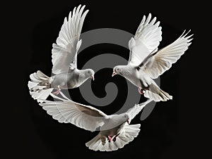 Three white doves flying in the air