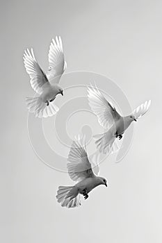 Three white doves flying in the air