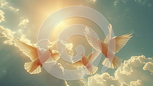Three White Doves Soaring Through the Clouds