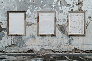 Three white frames are hanging on a wall
