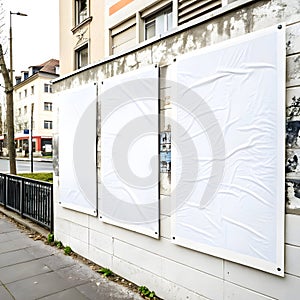 Three white glued posters isolated on white background