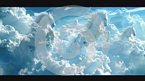 Three white horses are flying through the sky